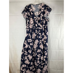 Maxi Dress Floral Print V Neck Flutter Sleeve Navy Pink XXLarge 100% Polyester N